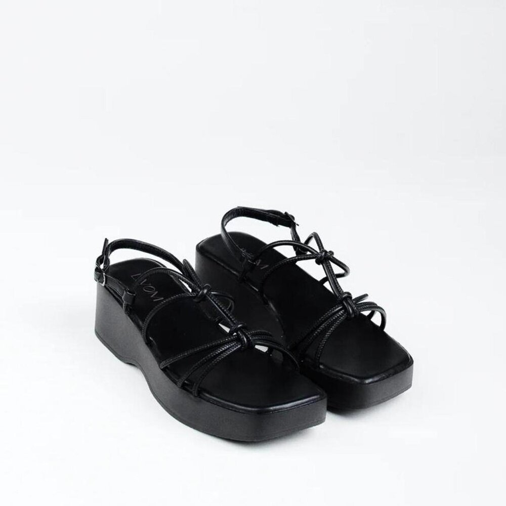 Black Lace-Up Platform Sandals - Trendy Vacation-Ready Footwear, Size 9